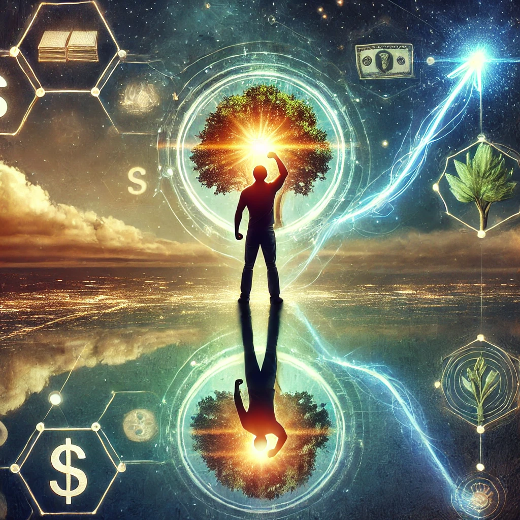 A person looking at a reflective surface, seeing a stronger, more enlightened version of themselves, with symbols of inner growth surrounding them.