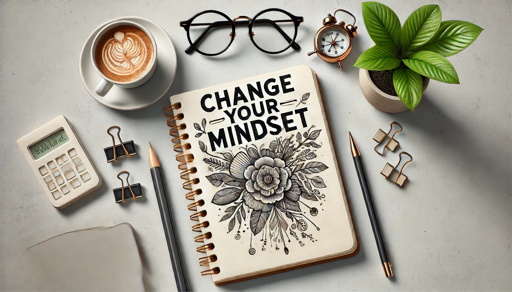 A notebook with "Change Your Mindset" written on it, accompanied by glasses, a coffee cup, and a small plant, symbolizing the importance of mindset in achieving success.