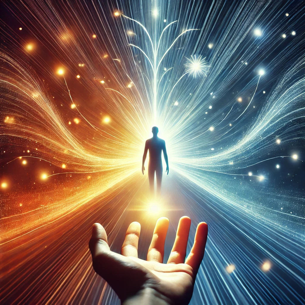 A person with an outstretched hand emanating glowing energy, symbolizing the attraction of positive experiences, with a background transitioning from dark to light.