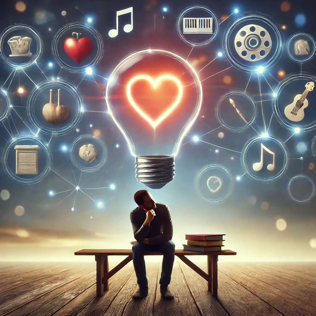 A person sitting thoughtfully with a glowing light bulb or heart symbol above their head, surrounded by symbols of various hobbies and interests like a paintbrush, book, and musical note.