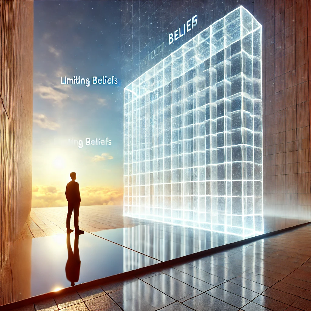 A person standing in front of a large, transparent barrier, symbolizing invisible mental blocks, with a bright horizon in the background.