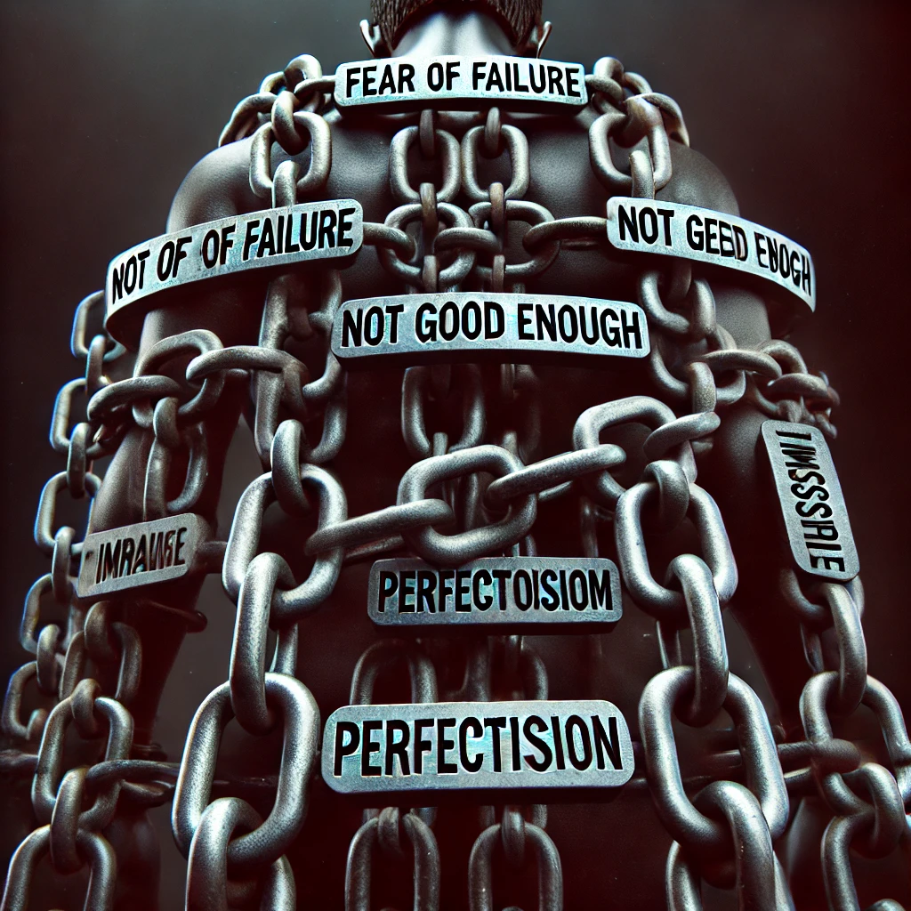 A figure constrained by heavy chains labeled with negative phrases like 'fear of failure' and 'not good enough.'