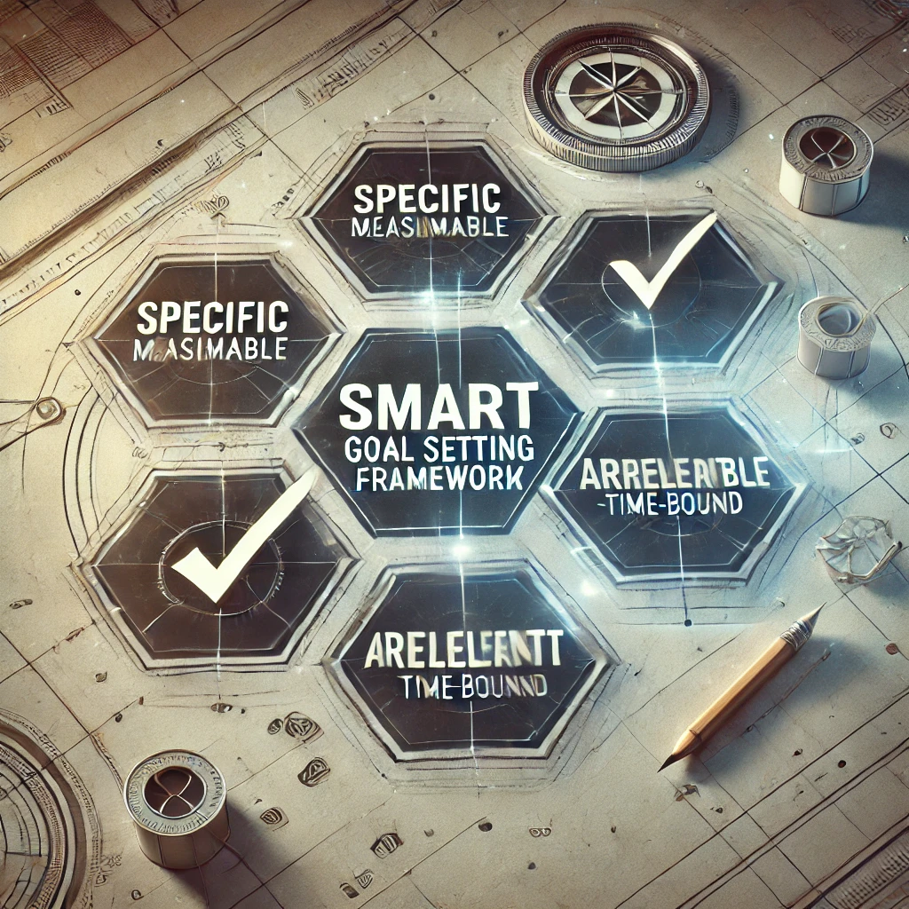 A checklist with the words Specific, Measurable, Achievable, Relevant, and Time-bound, each with a checkmark, representing the SMART goal setting framework.