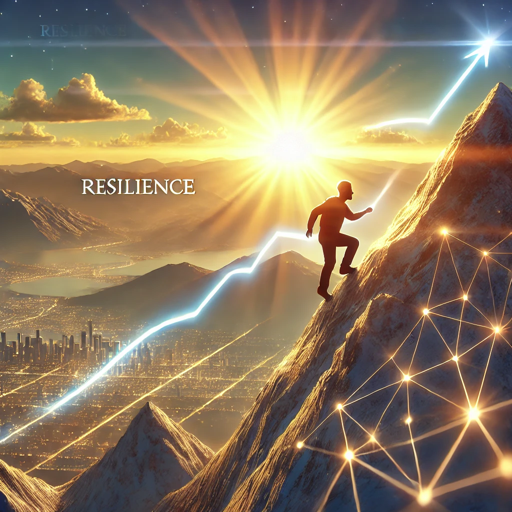 A person climbing a steep mountain with the sun rising in the background, symbolizing progress, growth, and overcoming adversity.