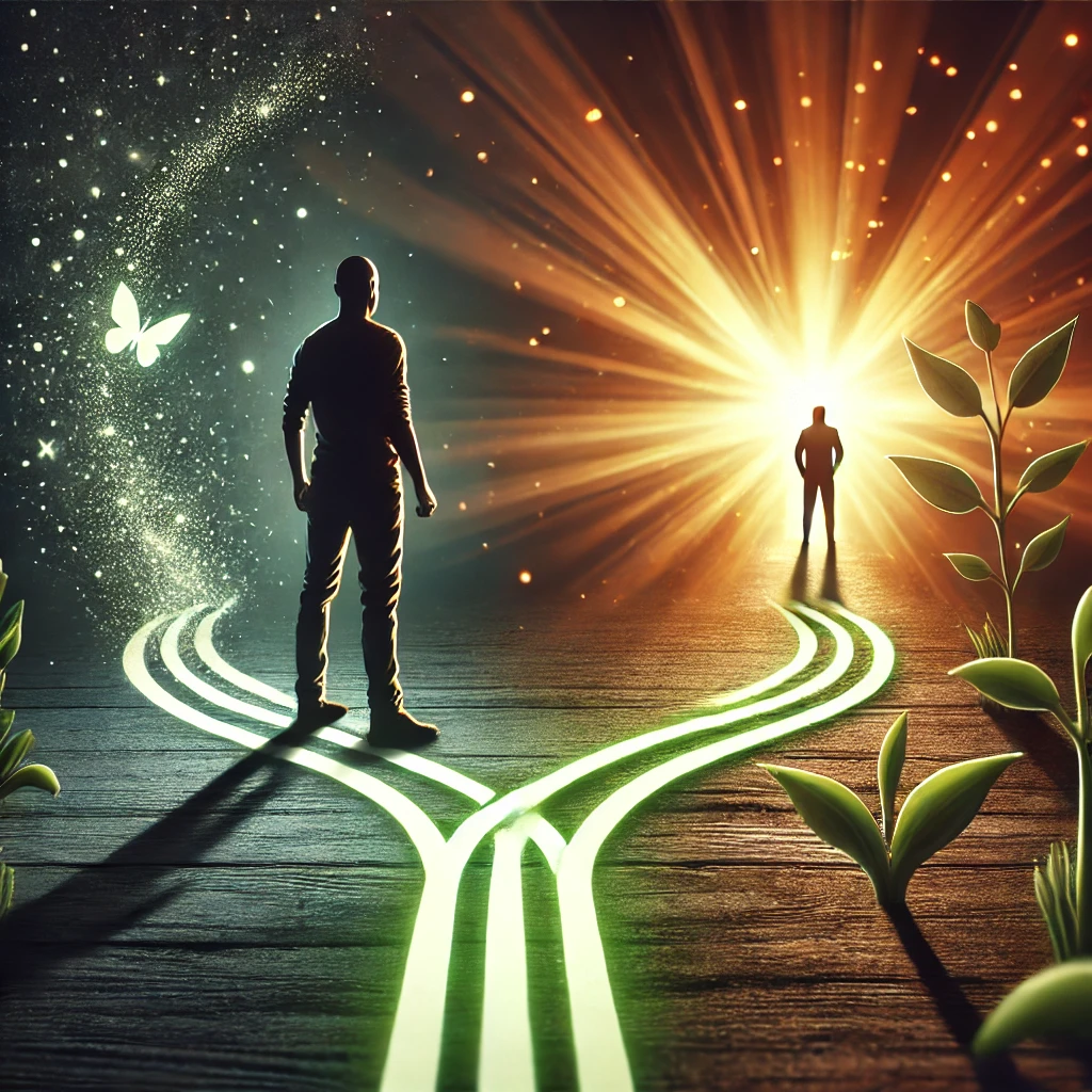 A figure standing at a crossroads, confidently choosing a path toward a glowing light, symbolizing positive change and growth in attitude and behavior.