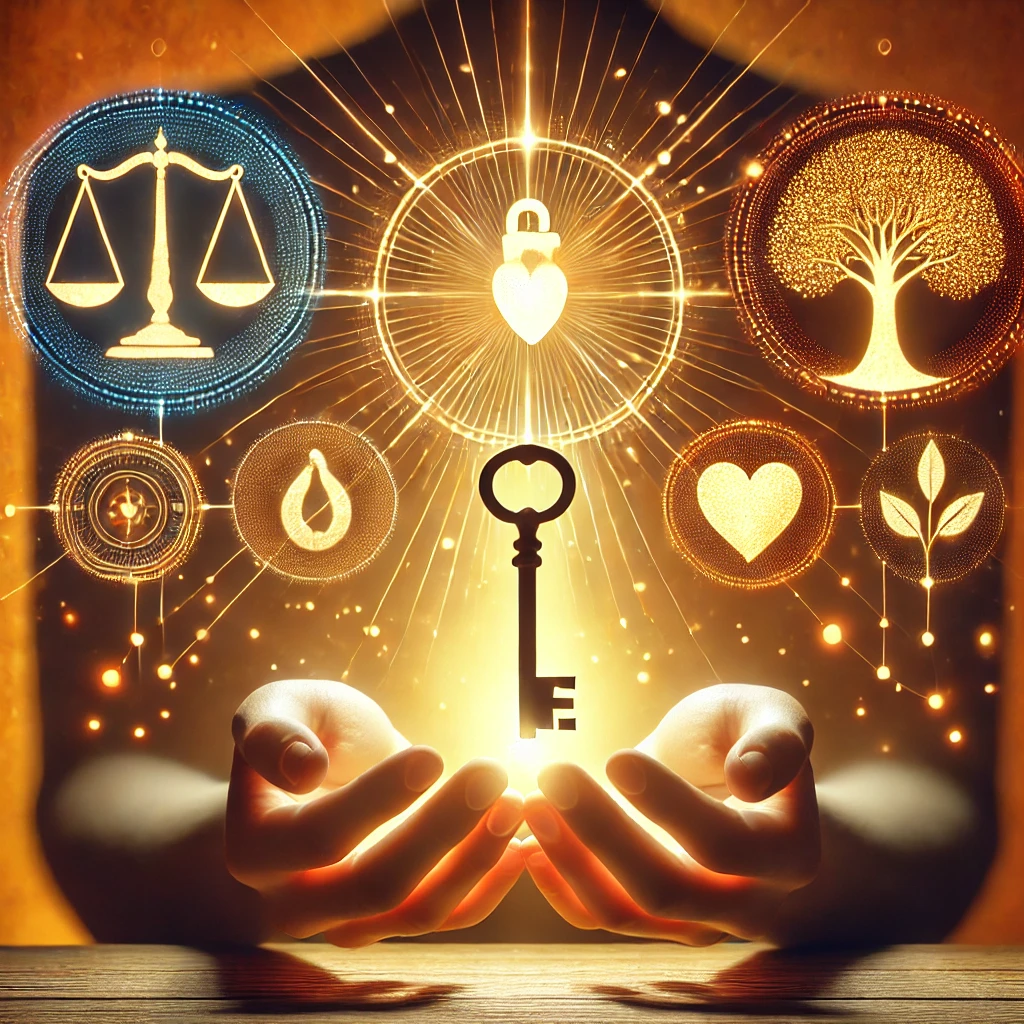 A person holding a glowing key close to their heart, with symbols representing values like scales for justice, a heart for love, and a tree for growth radiating outward.