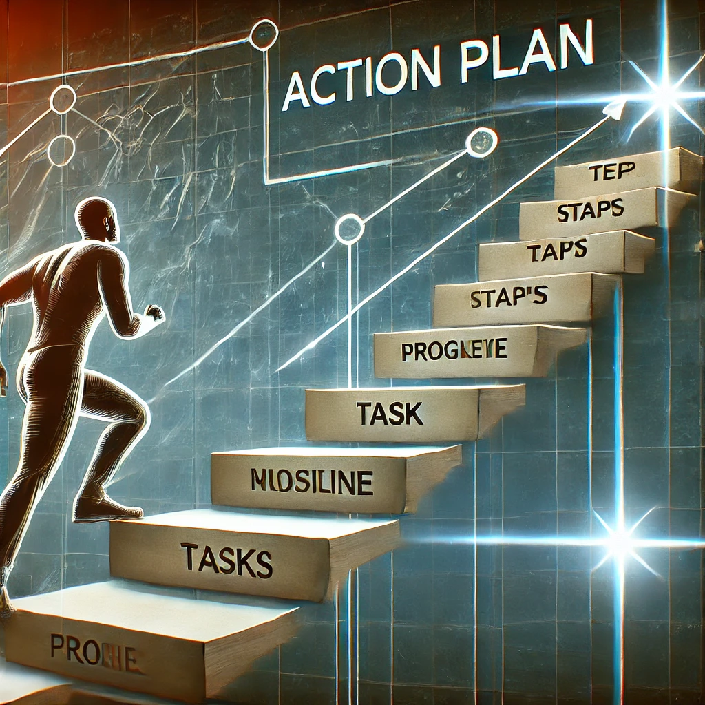 A person climbing a staircase with each step labeled as a task or milestone, symbolizing the creation of an action plan.