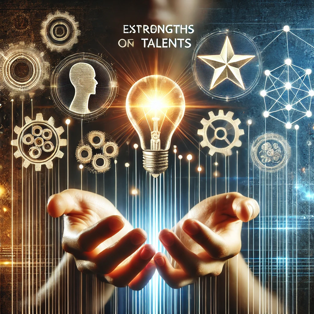 A person with outstretched hands, holding glowing symbols like a light bulb, gears, and a star, symbolizing the exploration of strengths and talents.