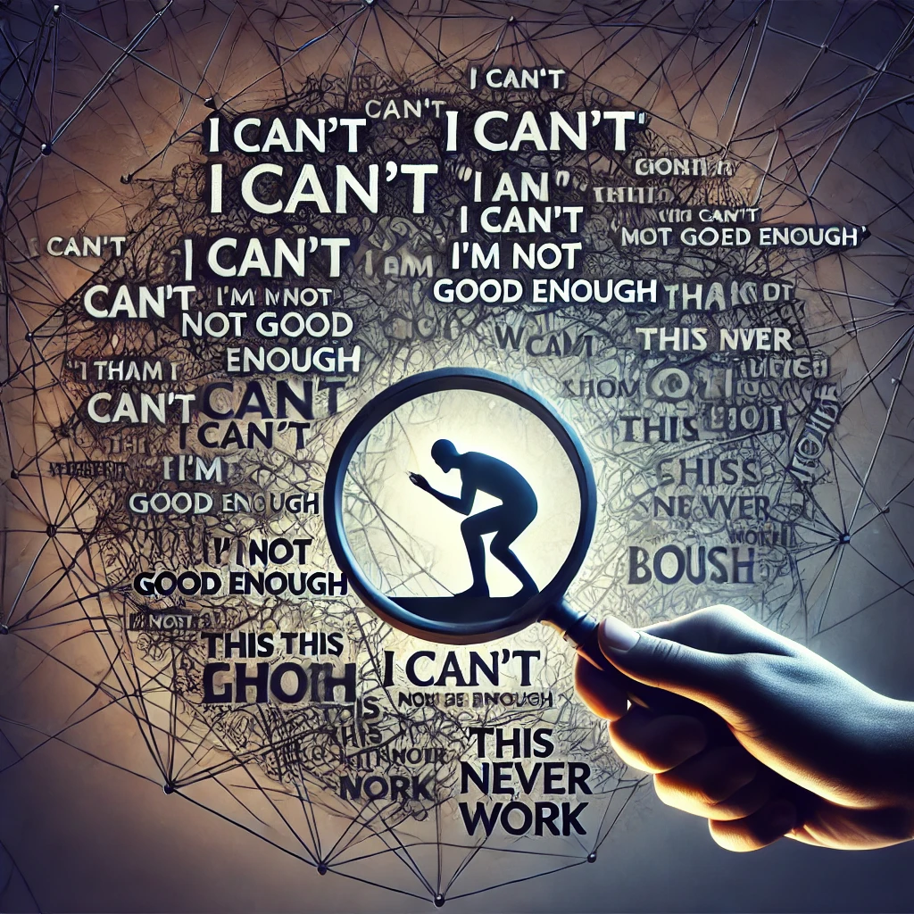 A figure holding a magnifying glass, closely examining a tangled web of words like 'I can't' and 'This will never work.'