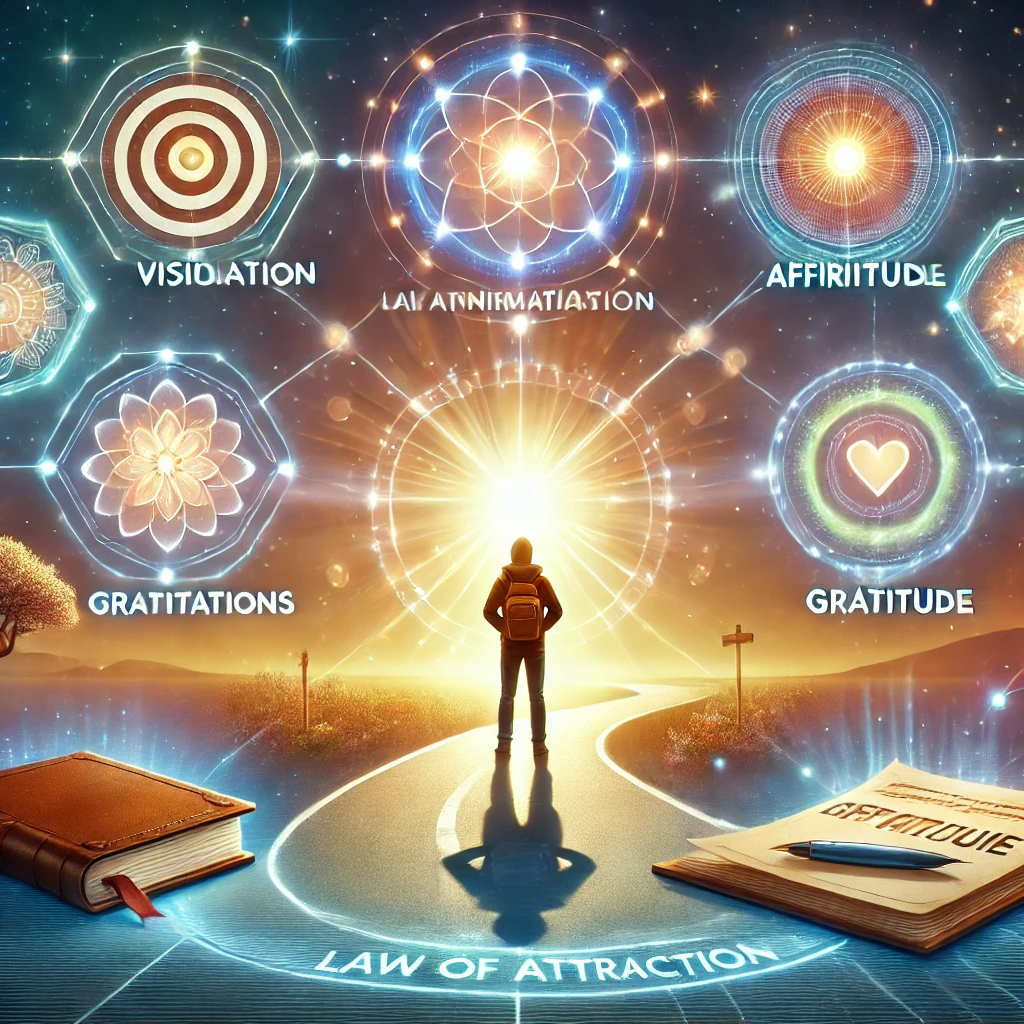 A person surrounded by symbols of visualization, affirmations, gratitude, and clear intentions, with a path leading toward a bright goal.