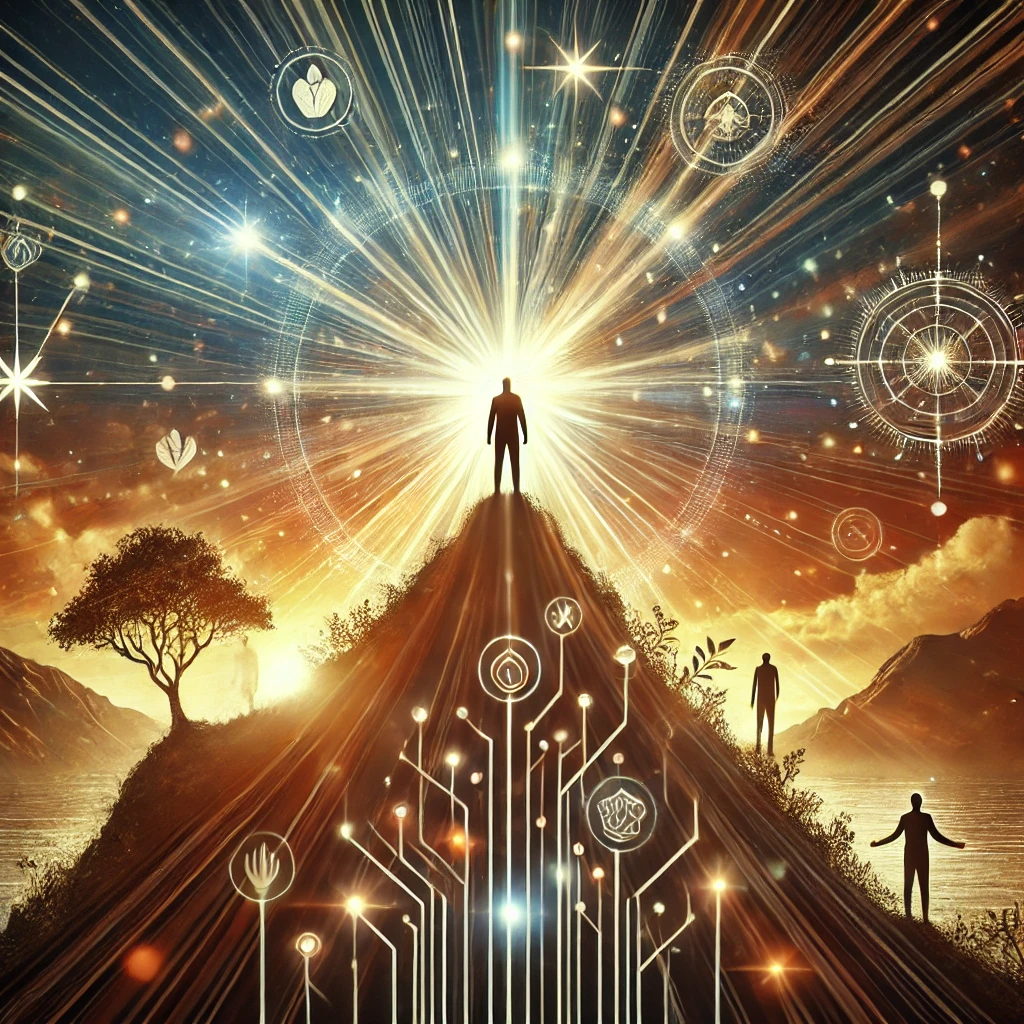 A figure standing on a hill, radiating light that spreads outward, symbolizing making a lasting impact through self-development.