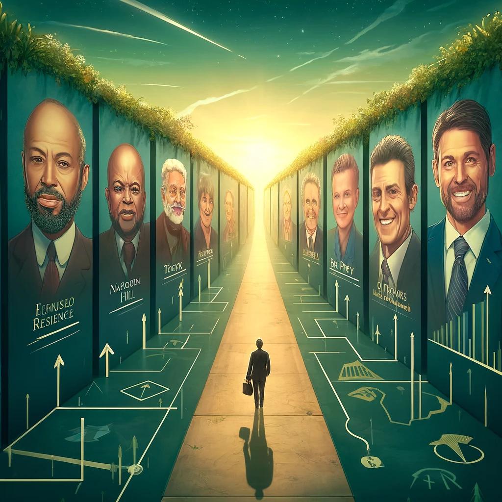 A path lined with symbolic representations of influential figures like Napoleon Hill, T. Harv Eker, Brian Tracy, Tony Robbins, and Bob Proctor, symbolizing their resilience in overcoming adversity.