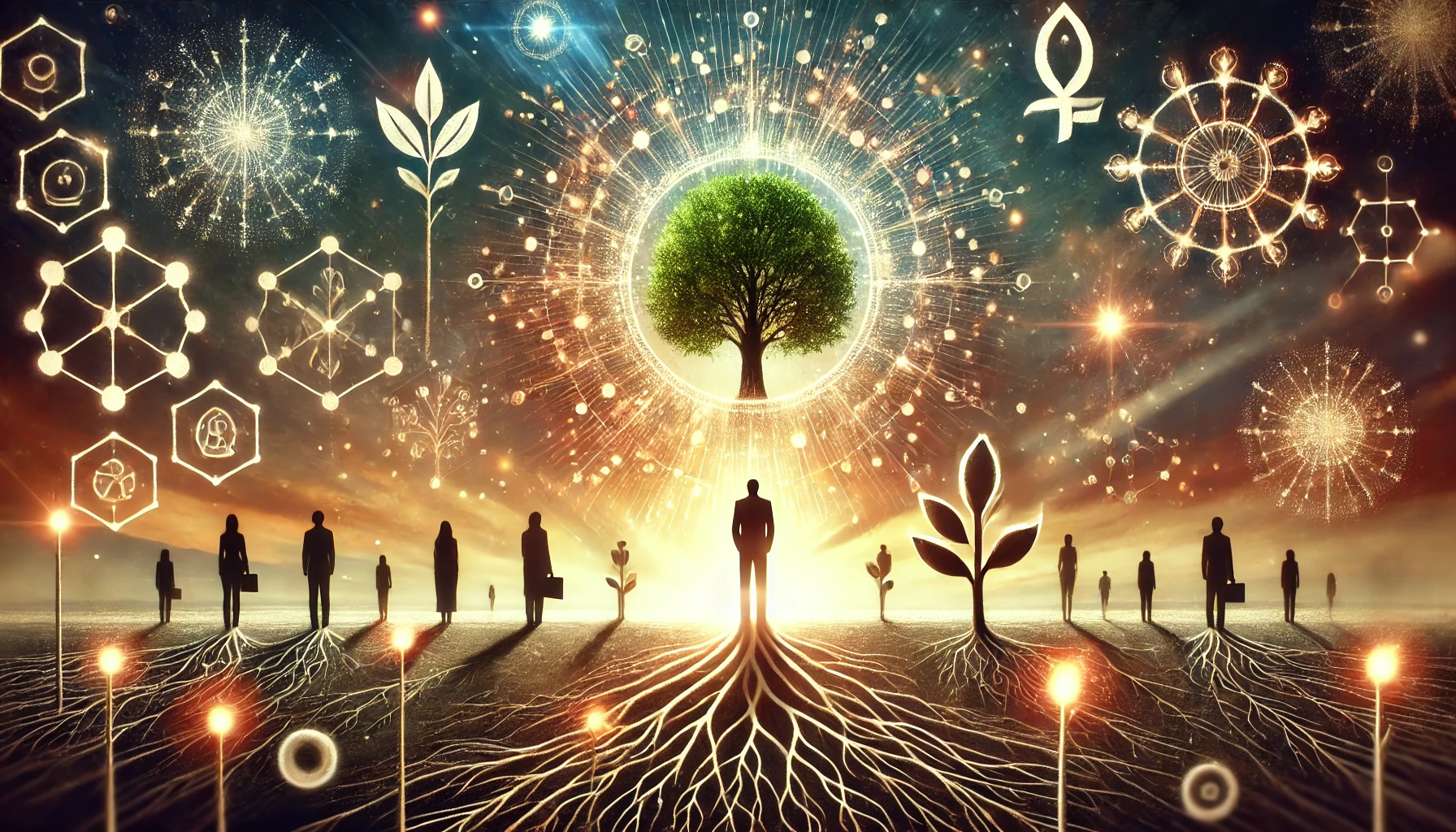 A central figure standing tall surrounded by symbols of growth, with a bright horizon in the background, representing the concept of self-development.