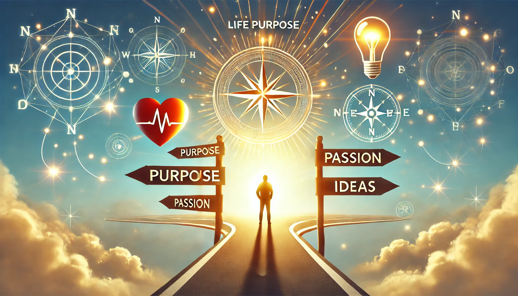 A person standing at a crossroads, with one path leading towards a glowing light, symbolizing life purpose and fulfillment. Surrounding the figure are symbols like a compass, heart, and light bulb, representing direction, passion, and ideas.