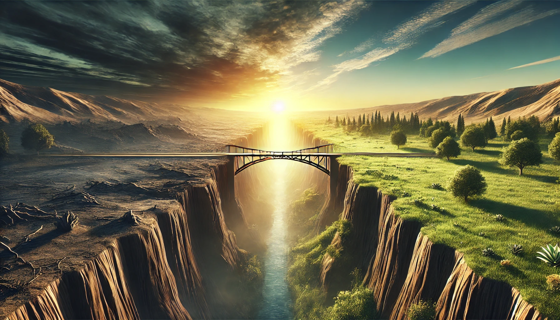 A bridge spanning a deep chasm, transitioning from a dark and barren landscape to a lush, green one, under a clear sunrise.