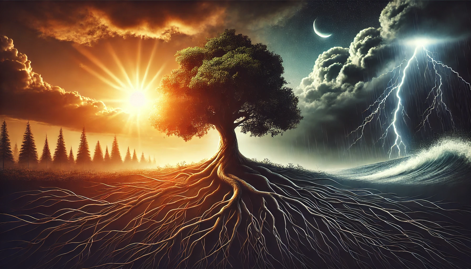 A strong tree with deep roots standing tall in a storm, symbolizing strength, stability, and the ability to thrive in adversity, with a rising sun in the background