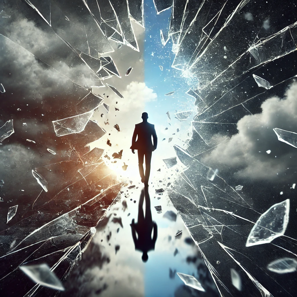 DALL·E 2024 08 20 16.50.06 A conceptual image representing the idea of breaking free from limiting beliefs and overcoming mental barriers. The image shows a shattered glass wall