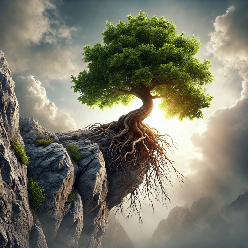 DALL·E 2024 08 20 16.52.20 A conceptual image representing the idea of resilience and sustained success. The image shows a strong tree growing on the edge of a rocky cliff its