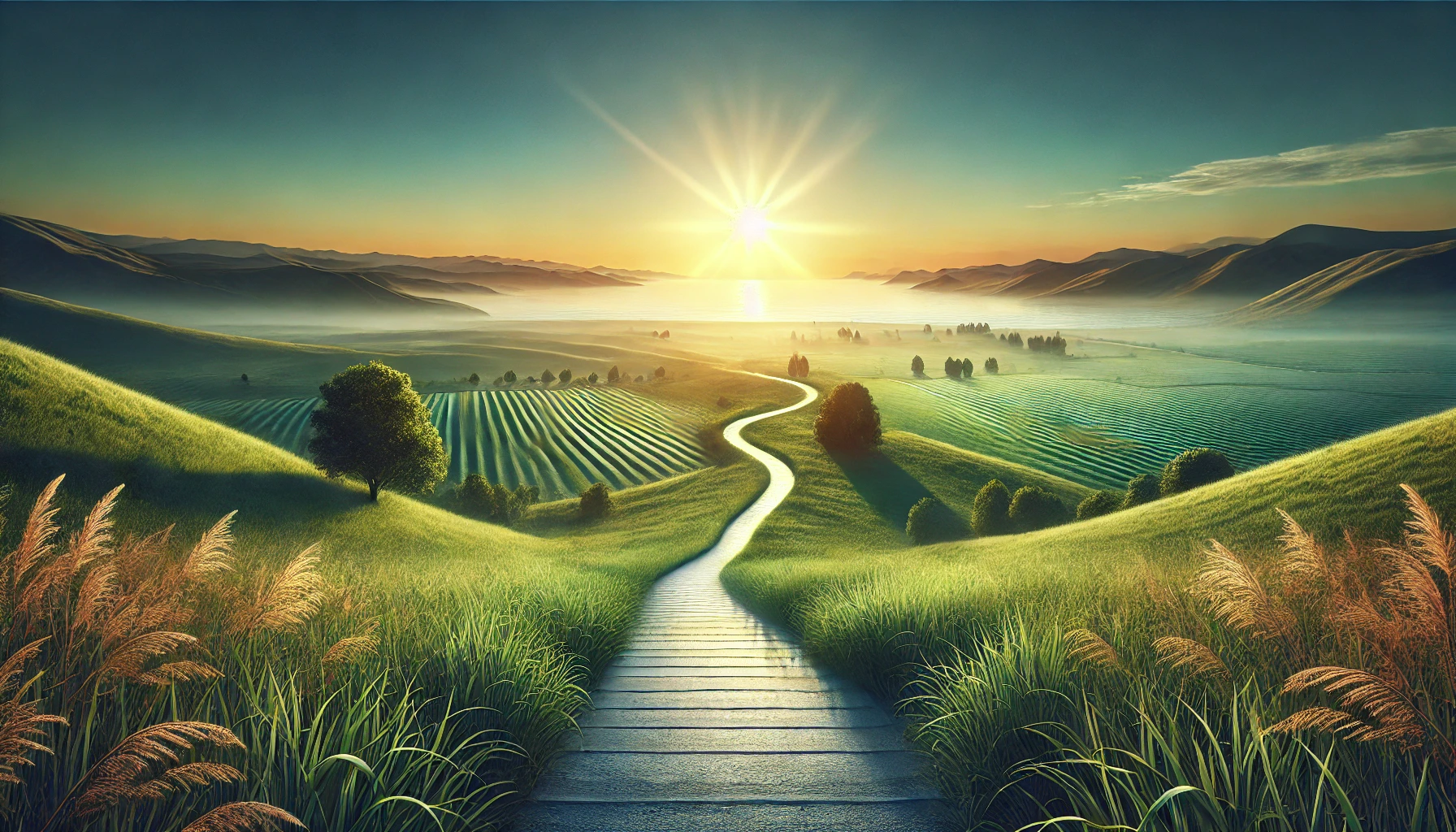 A winding path through green hills towards a bright sunrise, symbolizing the journey of personal growth and success.